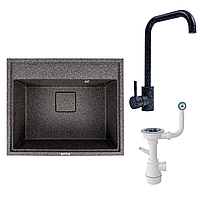 Комплект: Мийка гранітна 6050 SHERLIT VALESO + Змішувач NS02A + Сифон (Графіт)