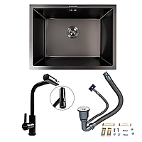 Кухонний комплект: Мийка Valeso Handmade (58x43 см) PVD чорна, монтаж під стільницю + Змішувач XK09B PVD
