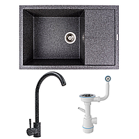 Комплект: Мийка гранітна 7950 CALYPSO VALESO + Змішувач Q411MB + Сифон (Графіт)