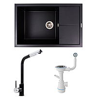 Комплект: Мийка гранітна 7950 CALYPSO VALESO + Змішувач Q411MB + Сифон (Чорний)