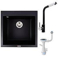 Комплект: Мийка гранітна 5050 GALAX VALESO + Змішувач Q411MB + Сифон