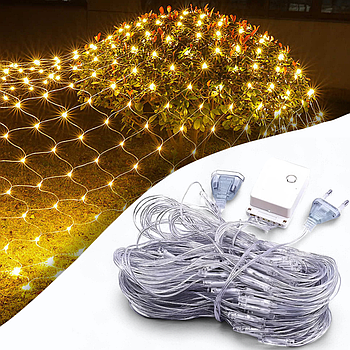 Гірлянда-сітка 100 LED прозорий провід 1.5х1.5м 220V Тепле біле світло