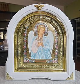 Ікона Свята Ангел Хранитель на хрещення сюжет із квітами, у білому кіоті під склом, кіот 28*25, сюжет 15*18