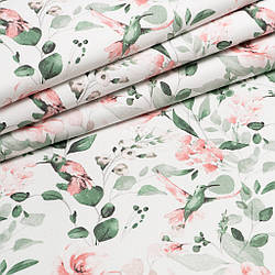 Фланель "Колібрі та пудрові квіти" на білому тлі, ширина 240 см