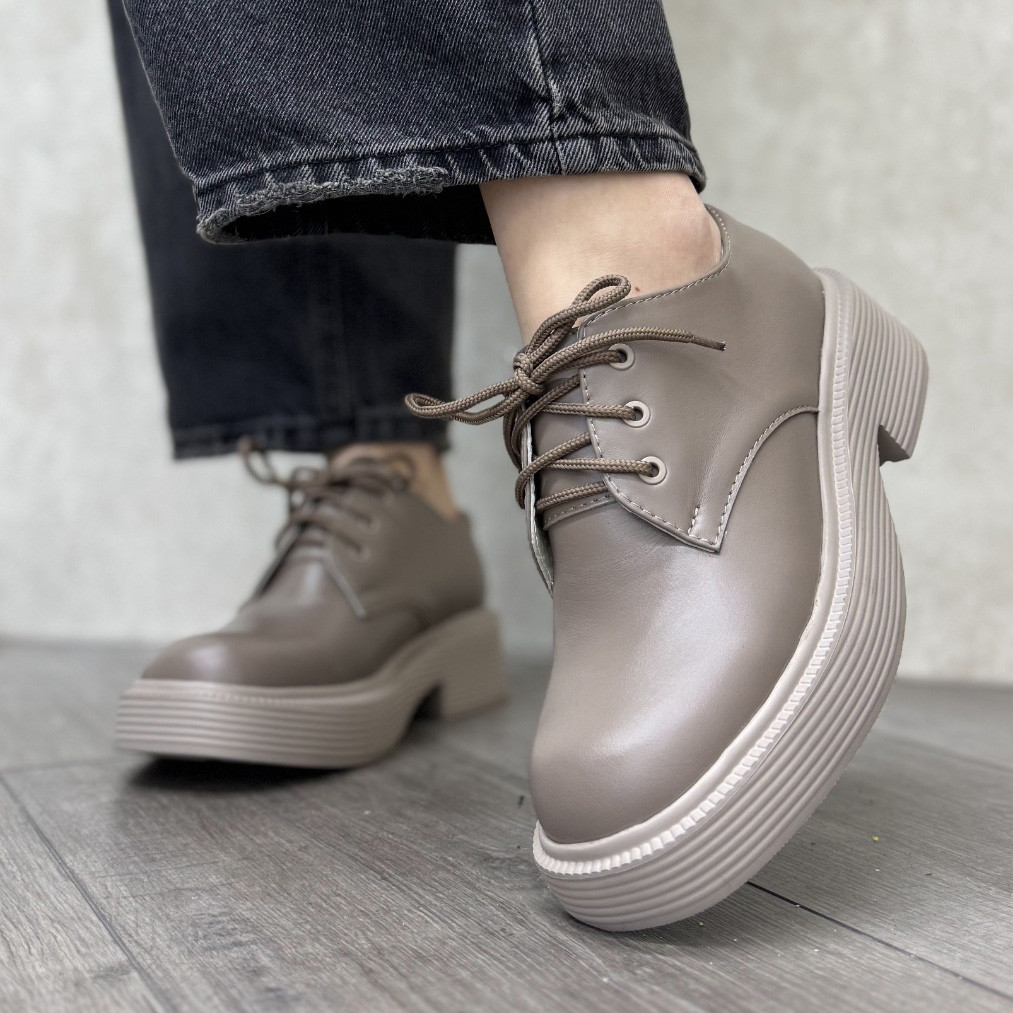 Туфлі жіночі шкіряні, на шнурівці. Колір візон. 37 розмір, фото 1