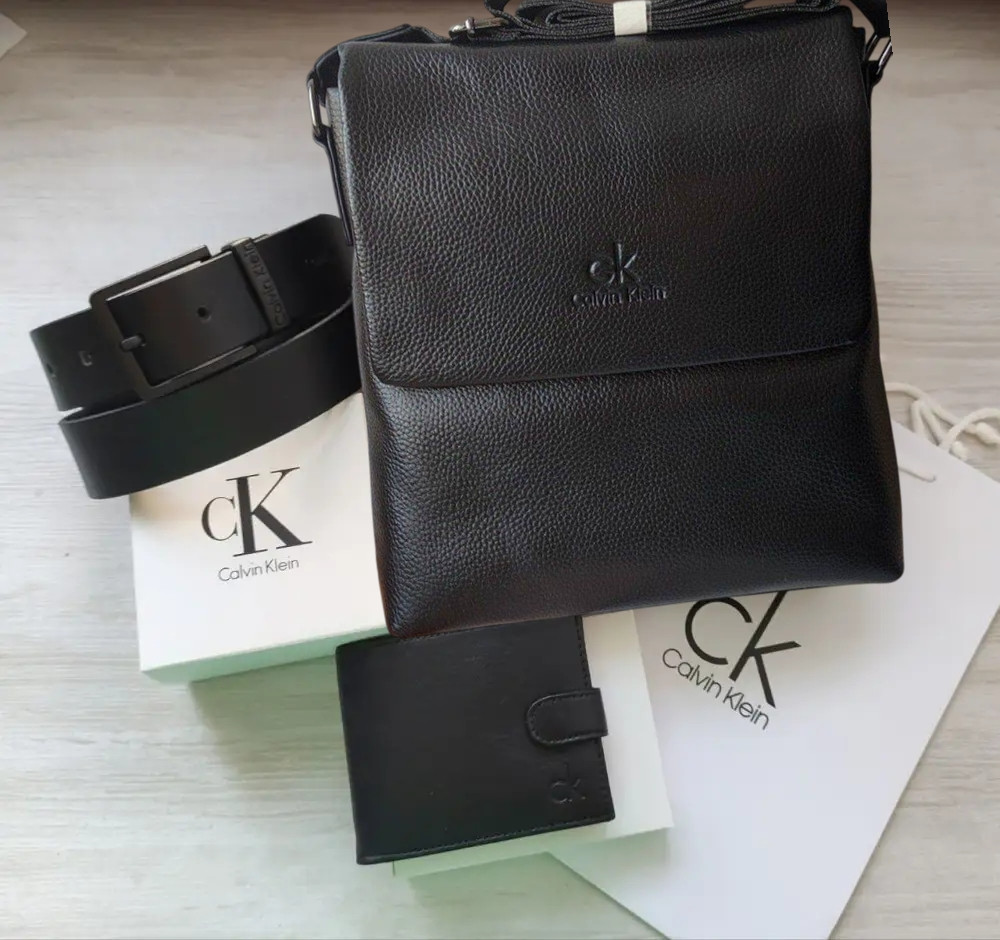 Стильний шкіряний набір Calvin Klein black, сумка месенджер гаманець та ремінь, фото 1