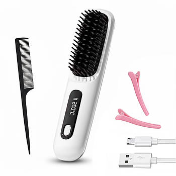 Бездротовий випрямляч для волосся, 160-200°С, Білий / Електрощітка для випрямлення волосся / Акумуляторний випрямляч волосся