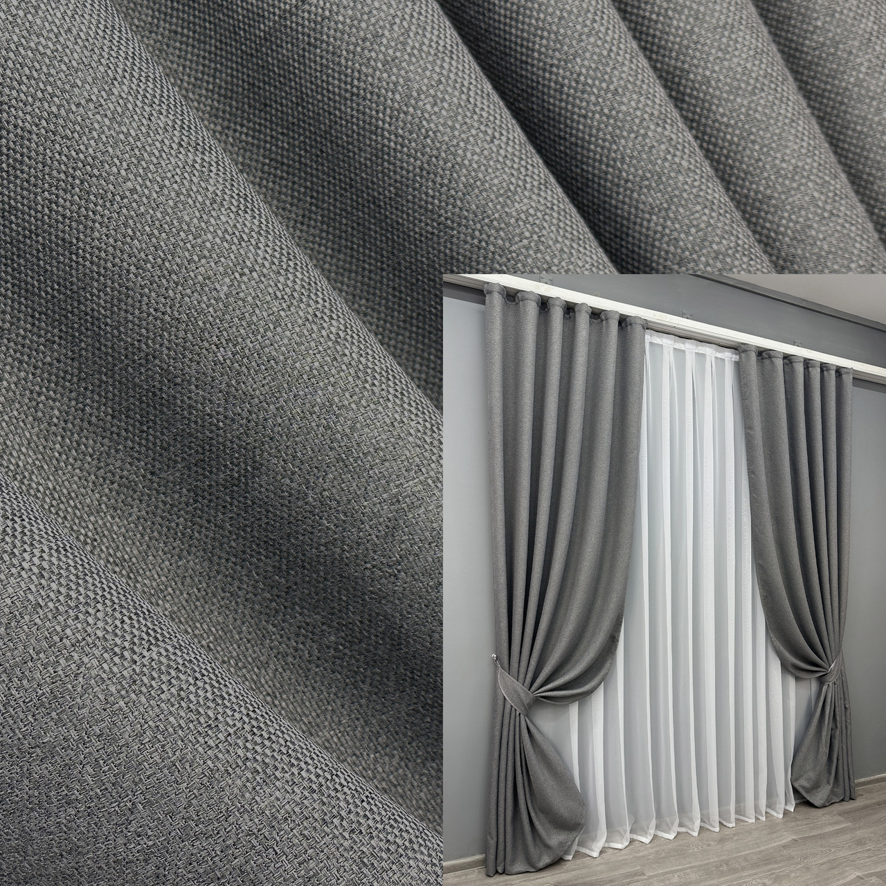 Комплект штор (2шт. 1,5х2,7м.) льон-блекаут рогожка, колекція "Льон Мішковина". Колір сірий. Код 288ш 30-059, фото 1