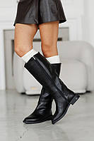Жіночі чорні чоботи утеплені з натуральної шкіри на низькому ходу з блискавкою