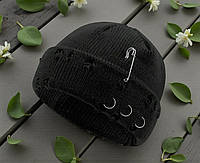 Шапка біні з кільцями та скрепкою One Size для повсякденного носіння, шапка коротка стильна для хлопця та дівчини Чорний