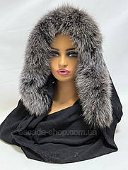 Жіноча зимова хустка з хутром песця. Чорний. Песець мелірований білим, чорний підпух