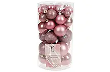 Набір ялинкових кульок, Колір — рожевий оксамит, 40 шт. — 6 см, 5 см, 4 см, 3 см: 4 шт. — перламутр, 3 шт. — глітер, 3 шт.