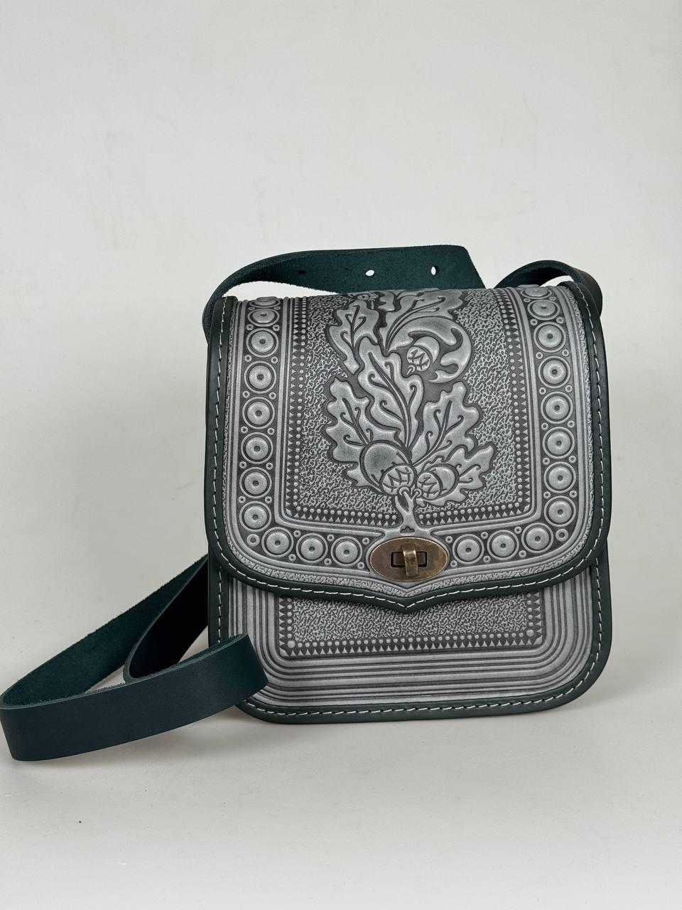 Жіноча шкіряна сумка ручної роботи з тисненим орнаментом «Дубок», сіро-зелена сумка з натуральної шкіри, 20*21*8 см, фото 1