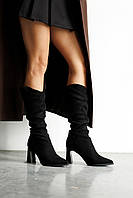 Демісезонні жіночі чоботи з текстилю в чорному кольорі на підборах і байковій підкладці.