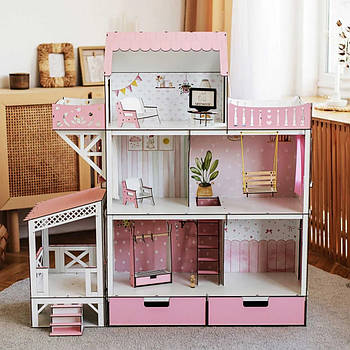 Ляльковий будиночок дерев'яний, тераса + балкон, NestWood «ЛЮКС», Базовий / Будиночок для ляльок