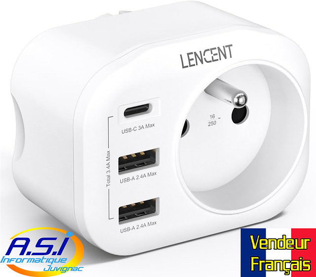Перехідник LENCENT WW07-E-C2U FR to UK 4-в-1 адаптер із 2 USB та Type-C портами, фото 1