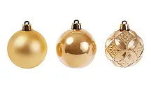 Набір ялинкових куль 6 см, колір — золото перламутр, 6 шт.: матовий, перламутр, перламутр із рельєфом — по 2 шт.