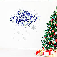 Інтер'єрна наліпка "Merry Christmas" Синій глітер та Сніжинки Розмір листа S 600x375мм