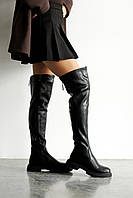 Демісезонні чорні жіночі високі чоботи борфорти на низькому ходу з натуральної шкіри.