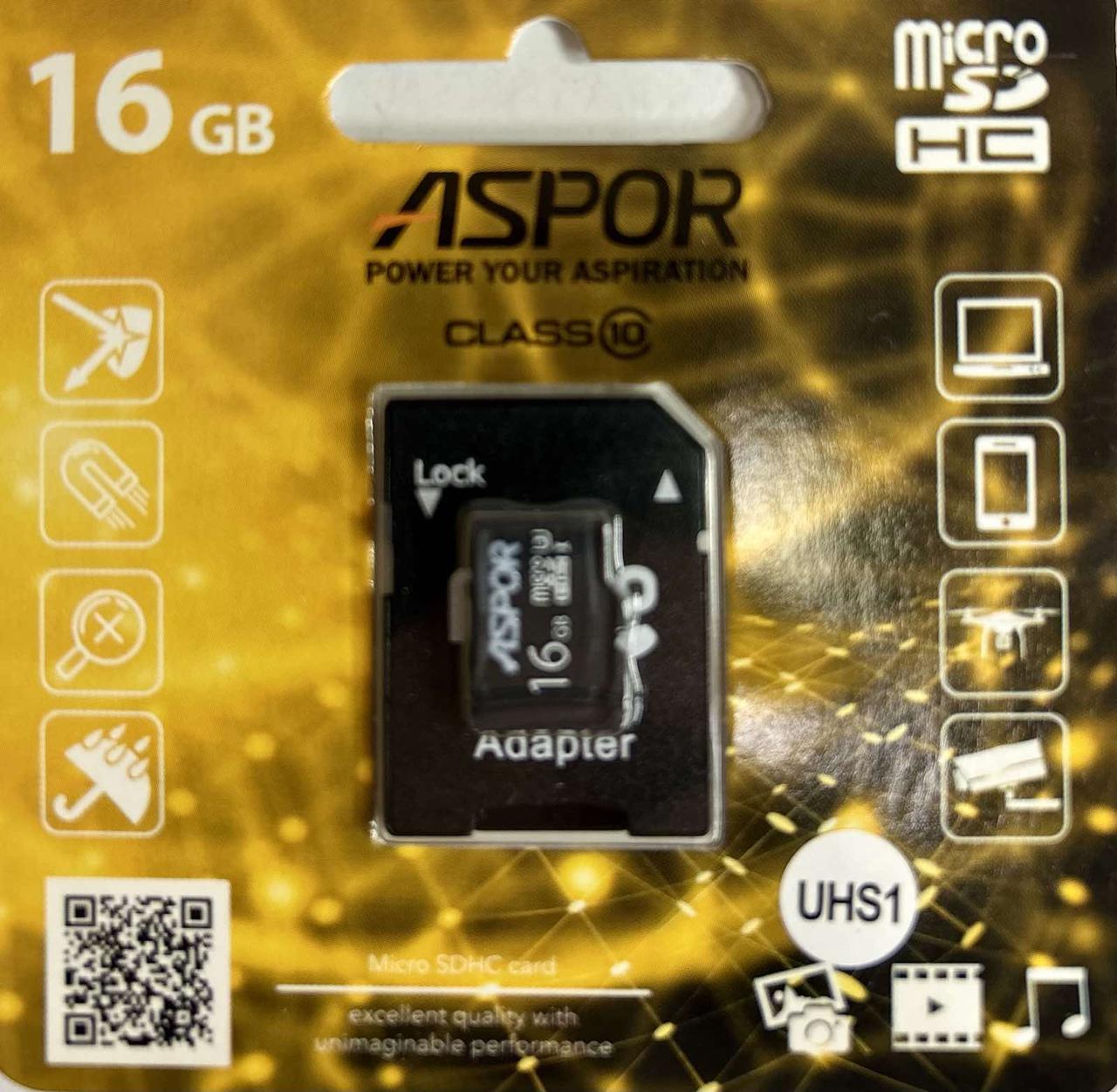 Карта пам`яті Aspor MicroSDHC 16GB UHS-I (Class 10) + SD adapter, фото 1