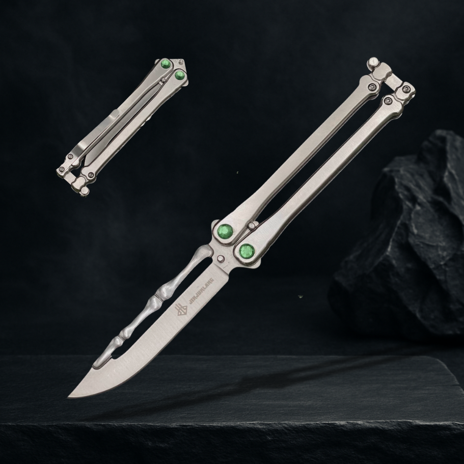 Ніж метелик Bones з зеленим кристалом D60, фото 1