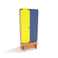 Дитяча шафа для роздягання двосекційна з лавкою та кольоровими дверима