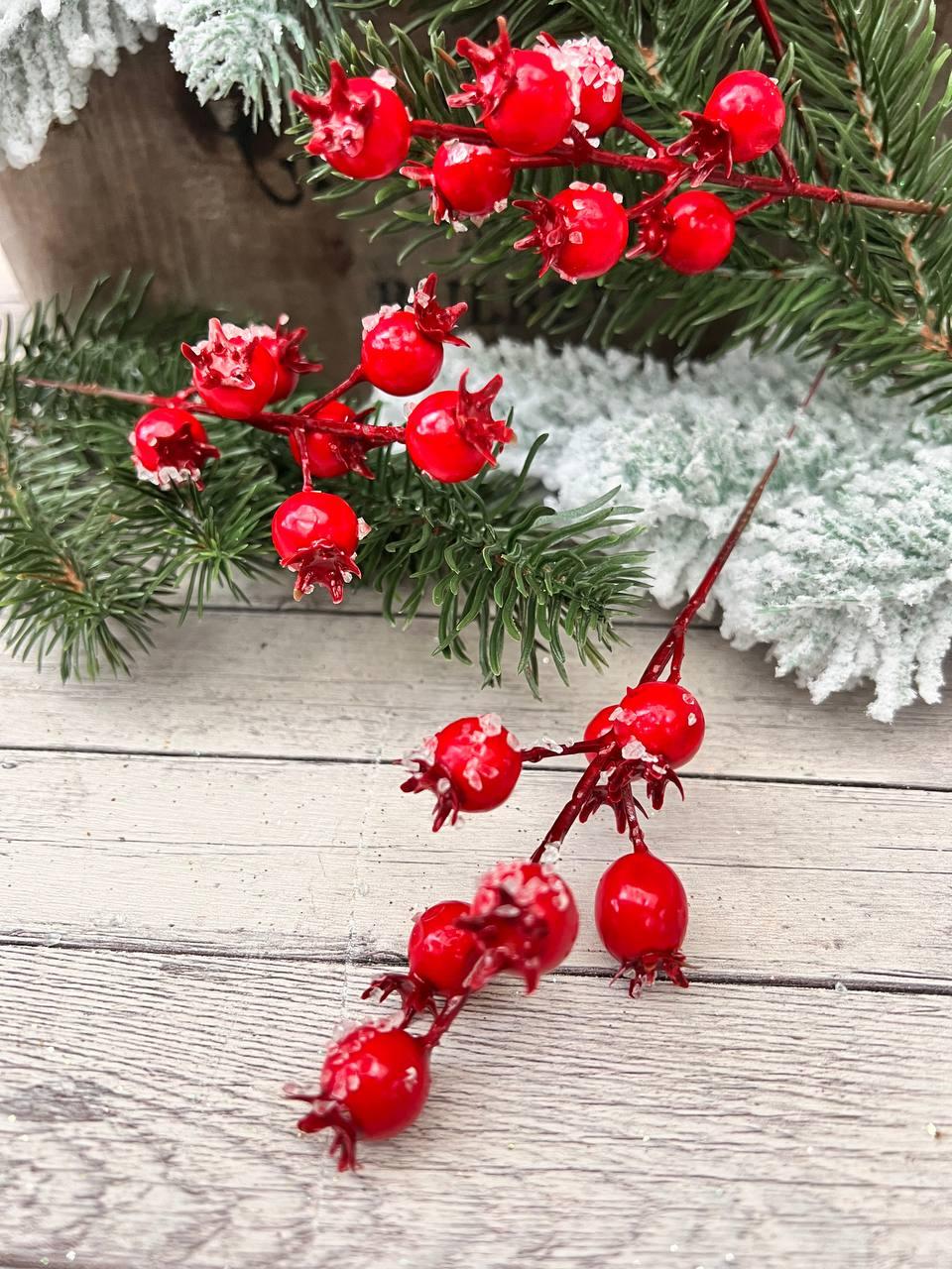 Ягідки шипшини червоні з кригою для новорічного оздоблення h-19 cm, 1 шт/уп, фото 1