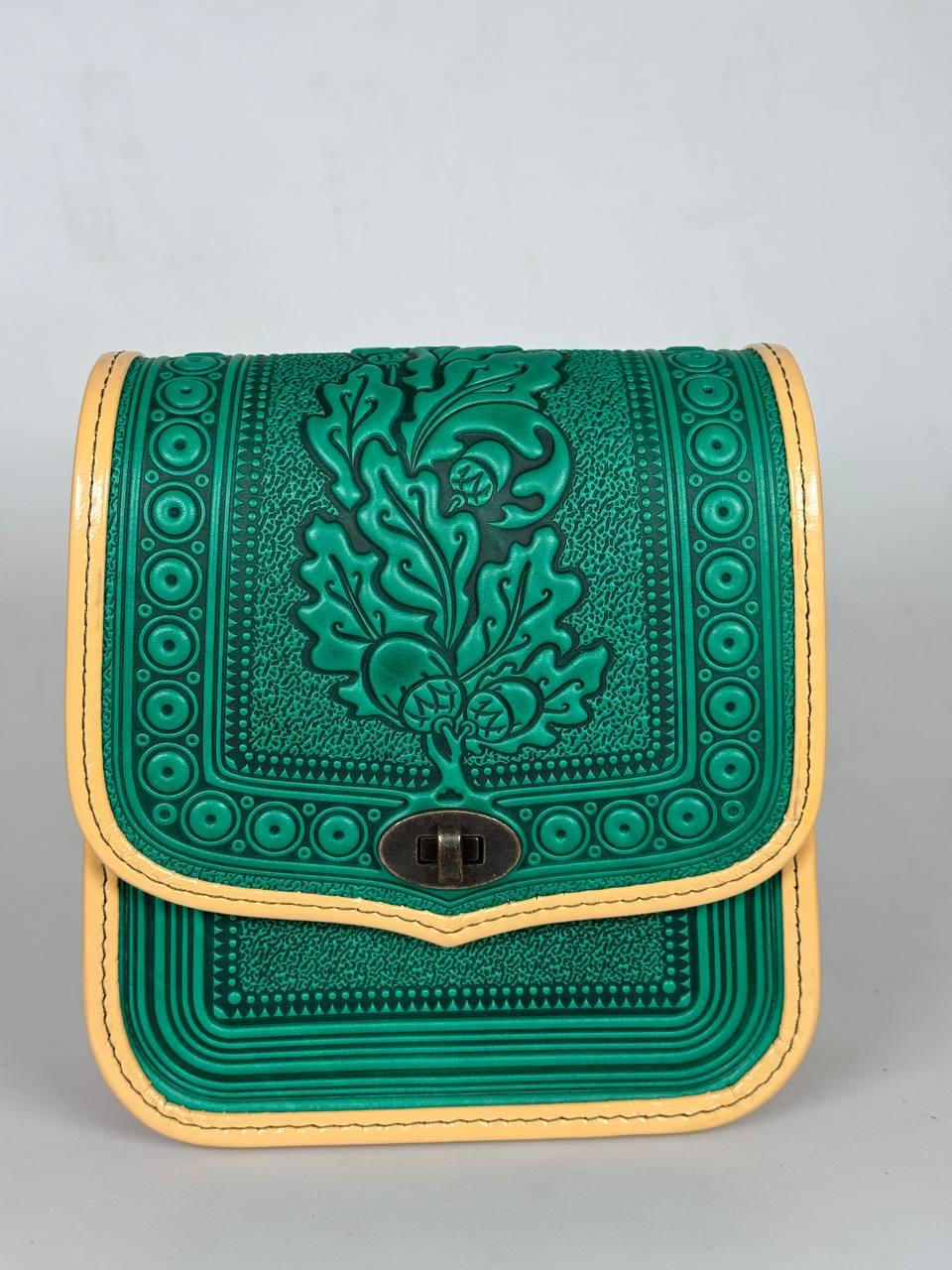 Жіноча шкіряна сумка ручної роботи з тисненим орнаментом «Дубок», м'ятно-бежева сумка з натуральної шкіри, 20*21*8 см, фото 1