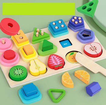 Логічна дерев'яна дошка (розмір: 30х18 см, половинки фруктів на магнітах, кілочки, назви квітів/фруктів на англ.) C 75294