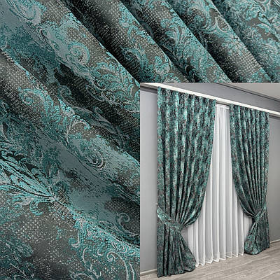 Комплект штор (2шт. 1,5х2,95м.) "Льон Преміум", Туреччина. Колір сірий з бірюзовим. Код 1837ш 33-0825