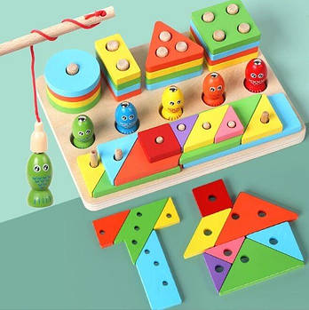 Логічна дерев'яна дошка (геометричний сортер, танграм, сортер за кольорами, магнітна риболовля, 5 рибок, вудка) 75298