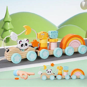 Потяг-сортер дерев'яний (3 вагони, сортер, пальчиковий лабіринт, каталка, у коробці) C 75290