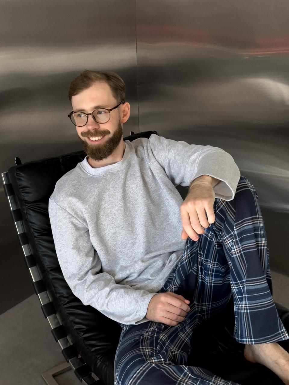 Піжама чоловіча COSY Скандинавія NEW тепла з начісом (штани+лонгслів) M клітина синьо-блакитна, фото 1