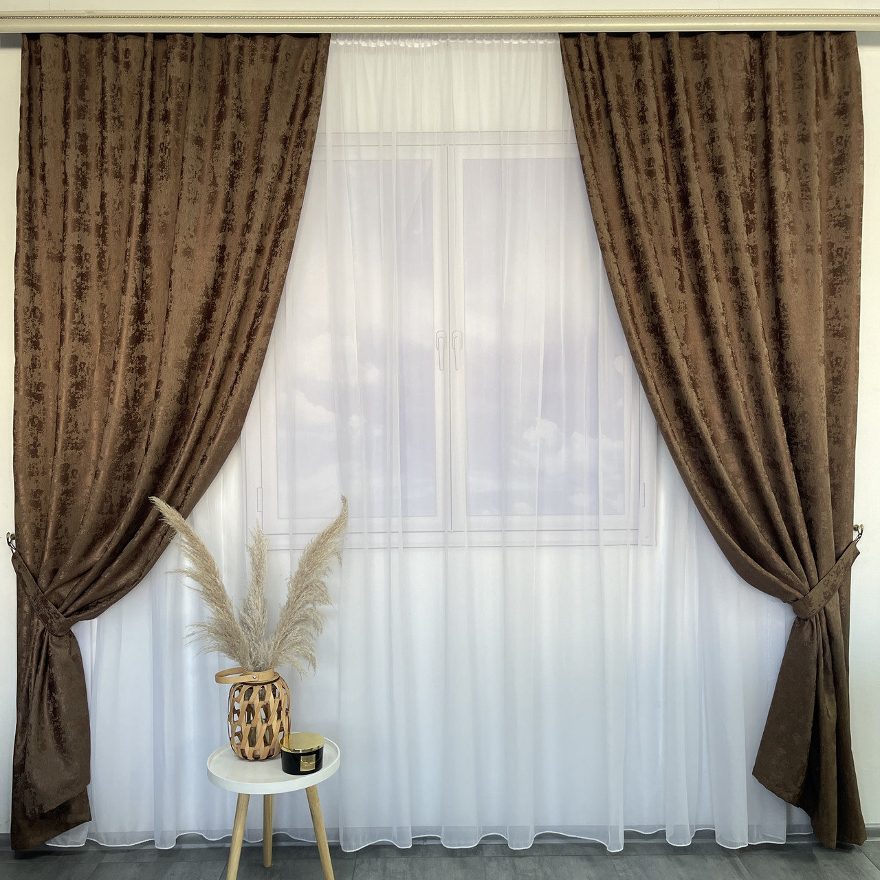 Сучасні готові Коричневі штори з тюлем, однотонні портьєри в спальню, вітальню, кухню, кабанет, зал, фото 1