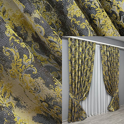 Комплект штор (2шт. 1,5х2,9м.) "Льон Преміум", Туреччина. Колір сірий з жовтим. Код 1834ш 33-0826