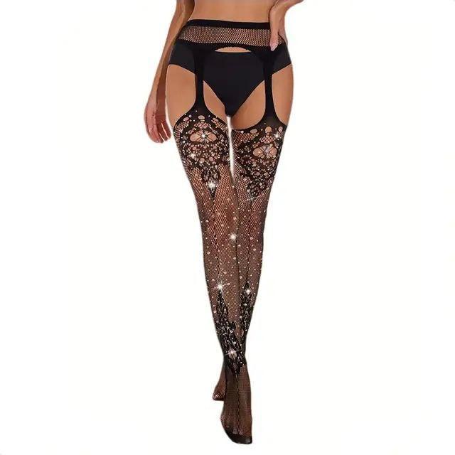 Колготки з відкритим доступом в сітку на поясі з мереживом зі стразами елегантний візерунок чорний розмір універсальний, фото 1