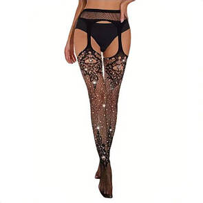 Колготки з відкритим доступом в сітку на поясі з мереживом зі стразами елегантний візерунок чорний розмір універсальний