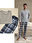 Домашня піжама для чоловіків COSY "Скандинавія" тепла з начісом (штани+лонгслів), клітина синя