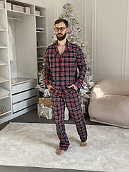 Піжама чоловіча трикотажна з начосом "Oxford" штани+сорочка клітинка ЧЕВРОНО-СИНІЙ KMW40