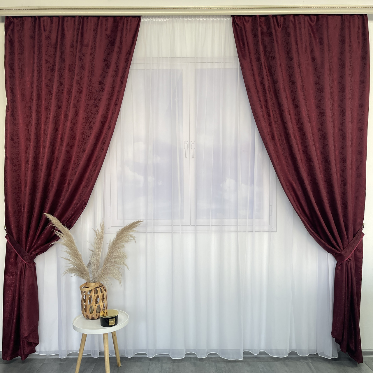 Штори жакардові "пісок" бордові з білим шифоновим тюлем ALBO (SHTN-C33-7), фото 1