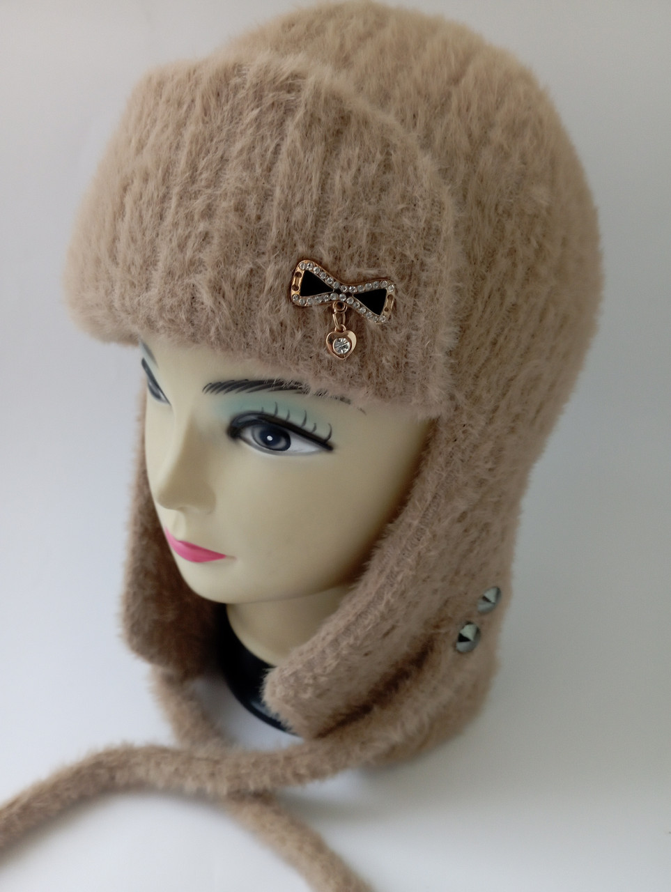 Вушанка бежева ангора-норка для дівчинки підлітка ОГ 52-54, фото 1