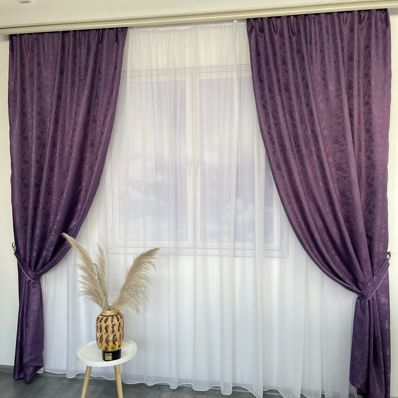 Штори жакардові "пісок" фіолетові з білим шифоновим тюлем ALBO (SHTN-C33-18), фото 1