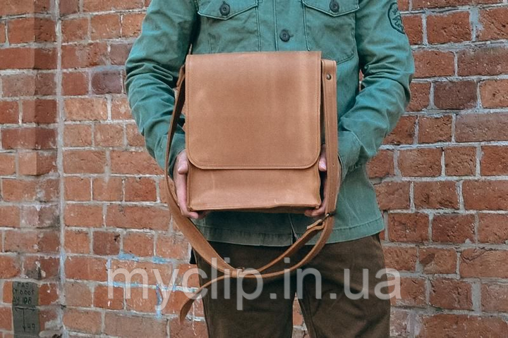 Стильна сумка месенджер,чоловічі сумки мессенджери,шкіряні сумки ручноі роботи коричнева 25см*28см, фото 1