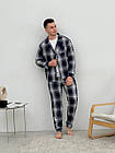 Домашня піжама для чоловіків COSY з фланелі (штани+сорочка+футболка) клітина темно-синій/сірий