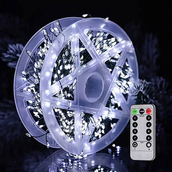 Гірлянда від мережі Мішура, 50м, 1500LED, 8 режимів + Пульт, зелений провід, Холодний білий / Новорічна гірлянда на ялинку