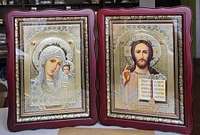 Ікони Спаситель П.Б Казанська на подарунок в темному дерев'яному кіоті під склом, розмір кіот 39*29, лік 20×30