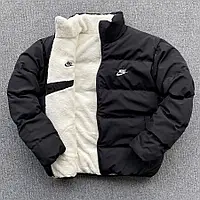 Чоловіча куртка двостороння зимова Nike тепла на овчині водостійка Найк чорна біла
