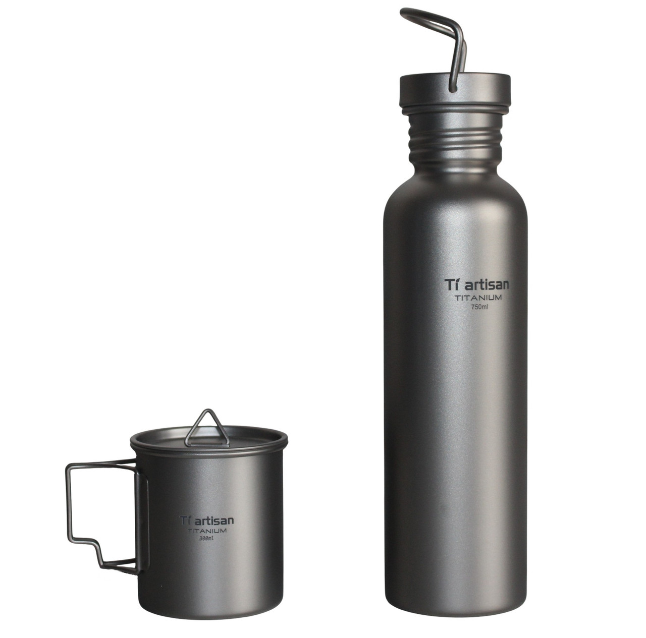 Титанова пляшка для води Tiartisan Titanium 750 мл та кружка з титану 300 мл набір тианового посуду в чохлі, фото 1