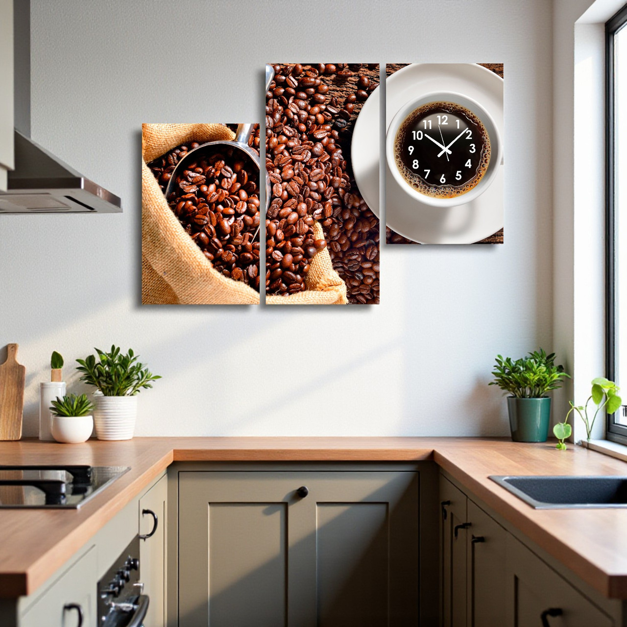 Модульна картина з годинником «Чашка кави та зерна» Настінний декор для кухні, кафе Безшумний годинник 90х60 см з 3х частин, фото 1