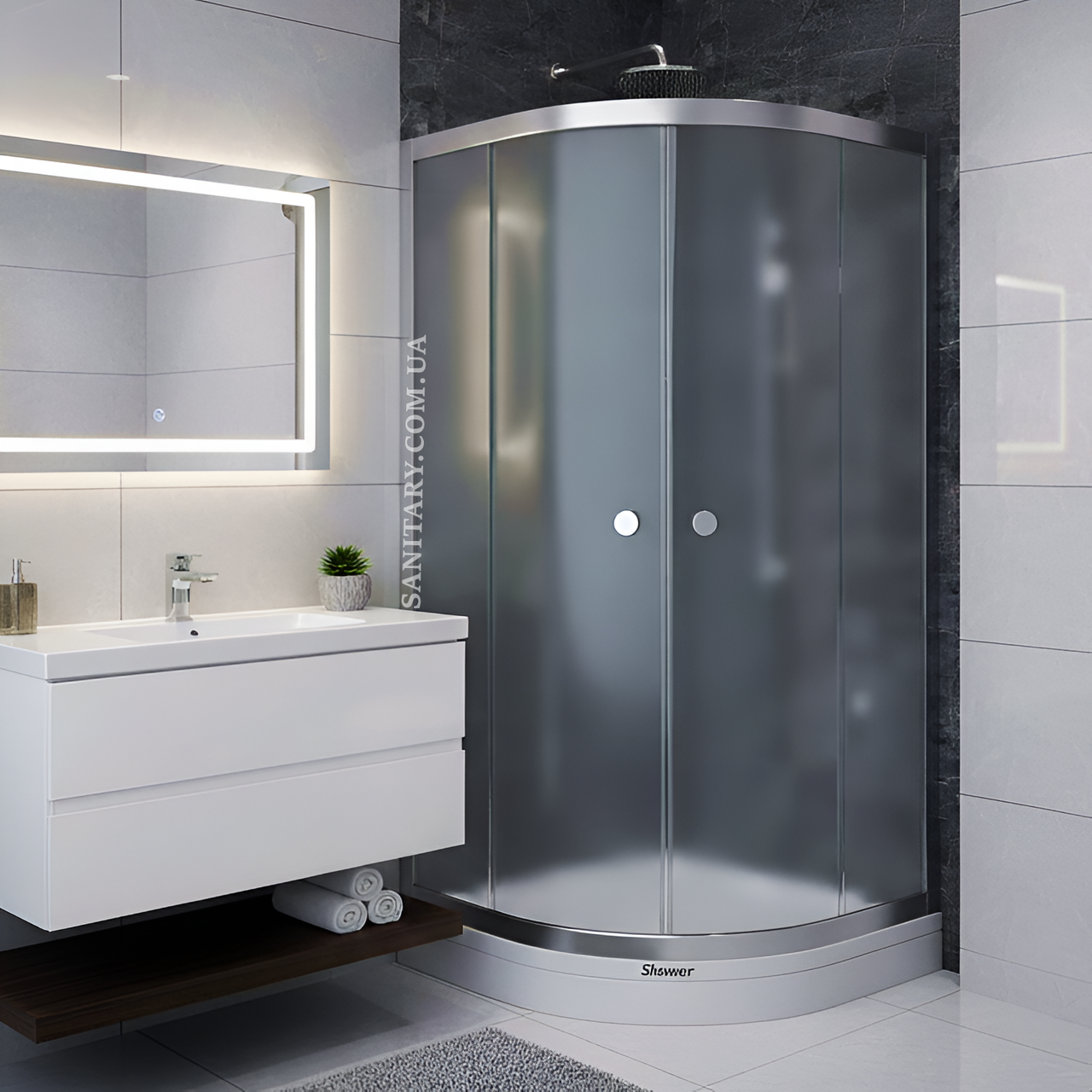 Душова кабіна 80х80 без піддону Shower Titan oval напівкругла матове загартоване скло 5м розcувні двері, фото 1